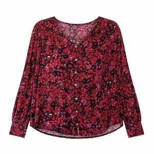 Lane Bryant Floral Button Down Blouse Plus Size 14/16 Red Black Romantic Office